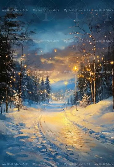 Discover Magical Snowy Forest Art Print, Christmas Lights Poster
