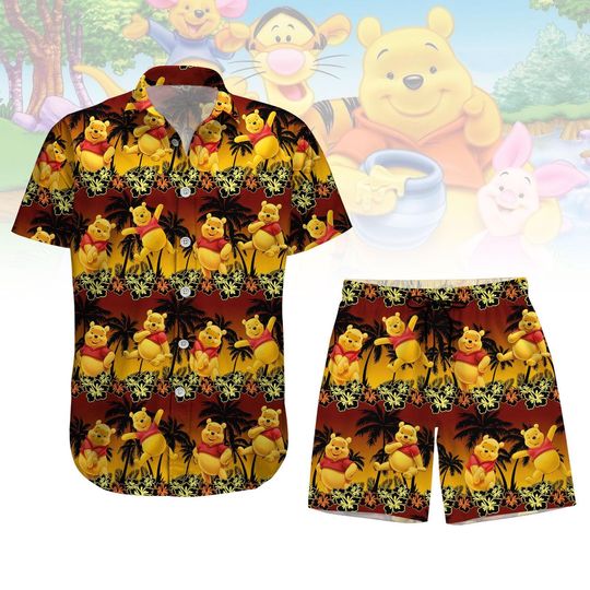 Discover Winnie The Pooh Button Shirt, Disney Pooh Hawaiian Shirt, Funny Bear Beach Shirt, Disneyland Shorts For Men, Disney Trip Tropical Shirt