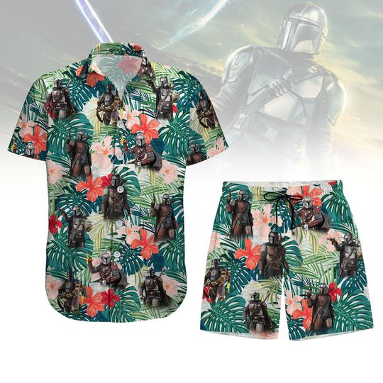 The Mandalorian Button Shirt, Dadalorian Hawaiian Shirt, Baby Grogu Beach Shirt, Summer Shorts Men, Tropical Pattern Aloha Shirt