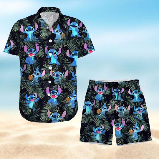 Discover Stitch Button Shirt, Disneyland Trip Shorts, Stitch Hawaiian Shirt, Summer Pants, Lilo & Stitch Aloha Shirt Women, Tropical Party Tee
