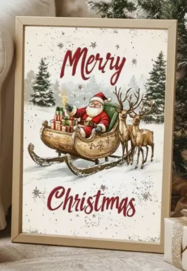 Merry Christmas Quote Poster with Santa Claus and Reindeers, Premium Matte Vertical Poster