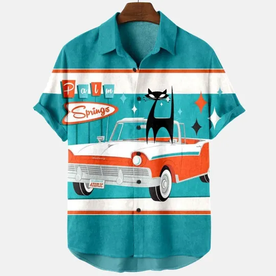 Hawaiian Shirt Mid-Century Car Cat Palm Springs