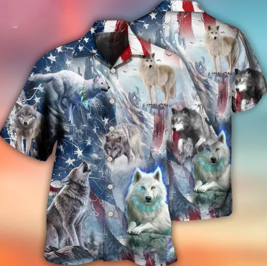 Wolf Independence Day Snow Mountain Hawaiian Shirt
