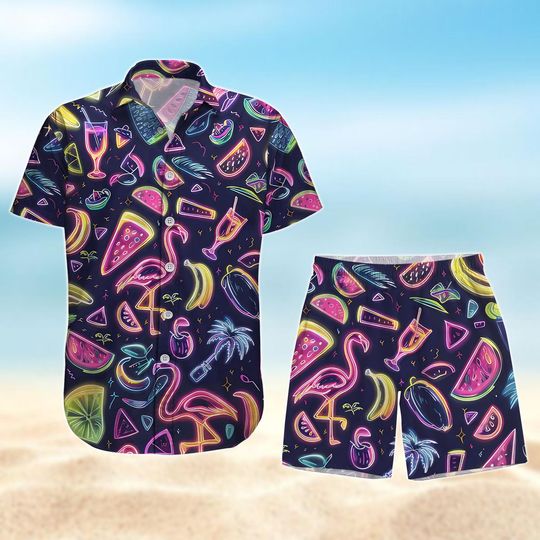 Discover Neon Flamingo Light Button Shirt, Tropical Fruit Colorful  Hawaii Shirt, Beach Trip Shorts Men, Aloha Shirts Women Men, Summer Clothing