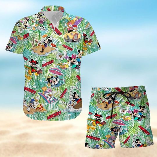 Mickey And Friends Button Shirt, Disney Swim Shorts, Mickey Mouse Hawaiian Shirt, Disneyland Vacation Shirt, Funny Summer 2025 Outfits