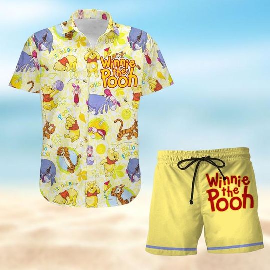 Discover Retro Pooh And Friends Button Shirt, Winnie Pooh Hawaiian Shirt, Beach Shorts, Pooh Bear Vacation Shirt, Funny Cartoon Summer Outfit