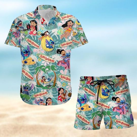 Lilo & Stitch Button Shirt, Disney Stitch Hawaiian Shirt, Beach Shorts Men, Funny Cartoon Aloha Shirt, Disney Trip Outfits For Summer
