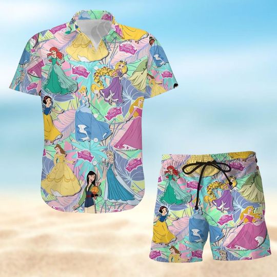 Disney Princess Button Shirt And Beach Shorts, Princess Hawaiian Shirt, Fairy Tale Summer Outfit for Women, Magic Kingdom Vacation Tee