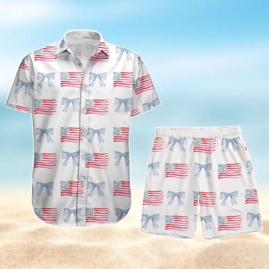 Discover American Flag 4th July Button Shirt, USA Coquette Bow Hawaiian Shirt, Beach Shorts Men, Independence Day Vacation Shirt, Patriotic Gift