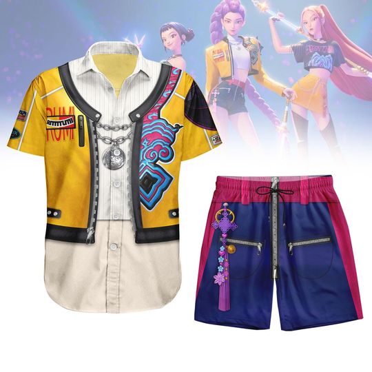 Rumi Kpop Demon Hunters Button Shirt, Halloween Men Shorts, Huntrix Demon Hunters Hawaiian Shirt, Rumi Cosplay Costume, Saja Girl Shirt