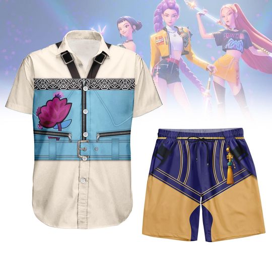 Joey Kpop Demon Hunters Button Shirt, Halloween Men Shorts, Huntrix Demon Hunters Hawaiian Shirt, Joey Cosplay Costume, Saja Girl Shirt