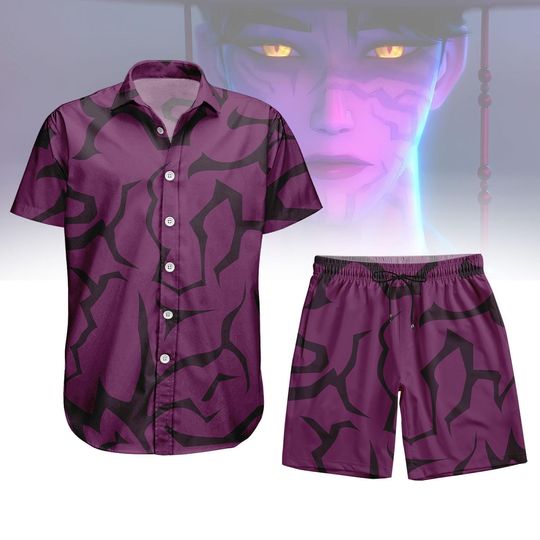 Kpop Demon Hunters Abby Saja Button Shirt/Shorts, Men Black Shirt, Abby Saja Hawaiian Shirt, Halloween Cosplay Costume, Gift For Him