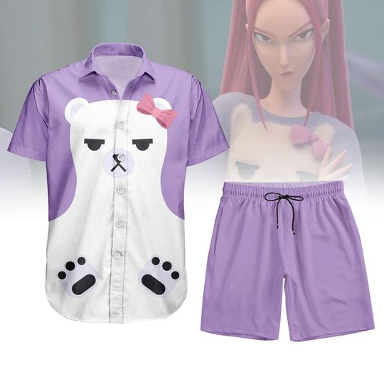 KPop Demon Hunters Mira Purple Bear Button Shirt/Shorts, Mira Hawaiian Shirt, Halloween Cosplay Costume, Huntrix Demon Hunters Shirt