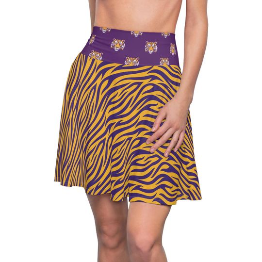 Purple and Gold Tiger Stripe Women's Skater Skirt, Cute Game Day School Color Tiger Skirt, Tigers Football Mascot Clothes, Tiger Fan Gift