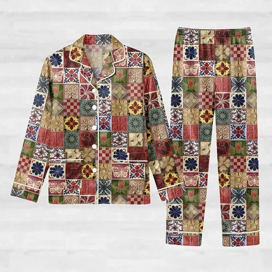 Discover Vintage Floral Patchwork Satin Pajamas, Boho Floral Women Pajamas, Gift For Her