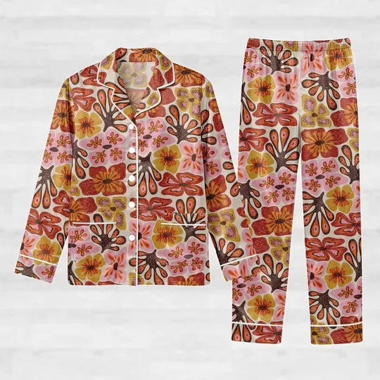 Boho Wildflowers Pajamas, Bold Flower Satin Pajamas, Floral Nature Women Pajamas, Floral Bride Pajamas, Gift For Her