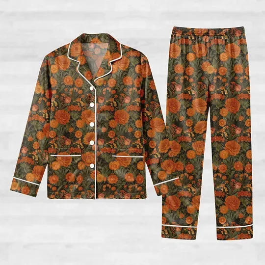 Vintage Pressed Flowers Pajamas, Botanical Floral Pajamas Set, Boho Cottagecore Silk Pajamas, Gift For Gardener