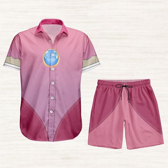 Princess Peach Cosplay Button Shirt/Shorts, Super Mario Hawaiian Shirt, Mario Bros Vacation Shirt, Halloween Costume For Game Lovers