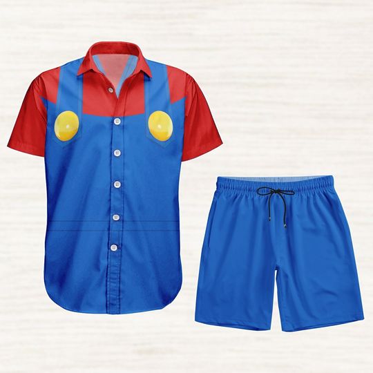 Discover Mario Cosplay Button Shirt, Super Mario Hawaiian Shirt, Shorts Men, Mario Bros Vacation Shirt, Halloween 2025 Costume For Game Lovers