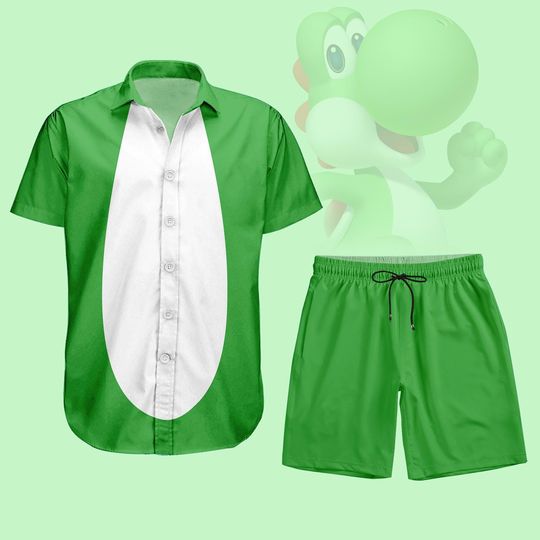 Yoshi Cosplay Button Shirt, Super Mario Hawaiian Shirt, Shorts Men, Mario Bros Vacation Shirt, Halloween 2025 Costume For Games Lovers