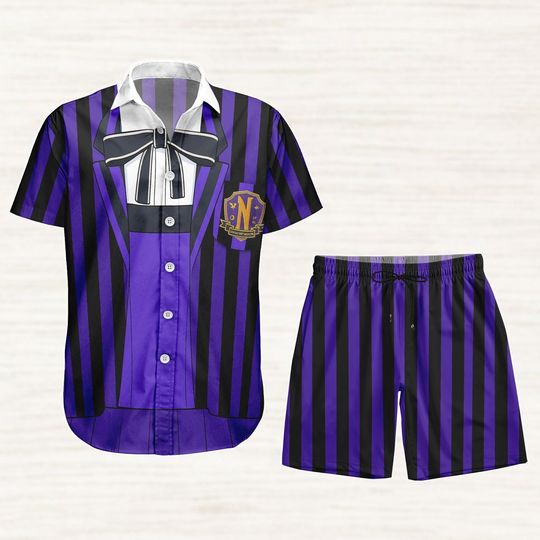 Wednesday Enid Wolf Cosplay Button Shirt, Academy Hawaiian Shirt, School Uniform Shorts, Halloween Party 2025 Costume For Women Men