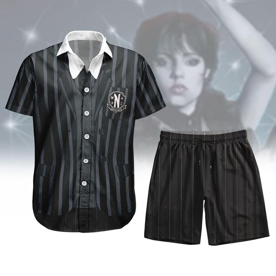 Discover Wednesday Addams Cosplay Button Shirt, Nevermore Academy Hawaiian Shirt, Shorts Men, Gothic Black Halloween Costume For Women Men