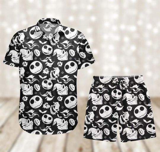 Discover Nightmare Before Christmas Button Shirt, Jack Skellington Oogie Hawaiian Shirt, Men Shorts, Disney Horror Outfit For Halloween Gift
