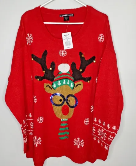 United States Sweaters Womens Red Knit Rudolph Christmas Ugly Sweater SZ 2X
