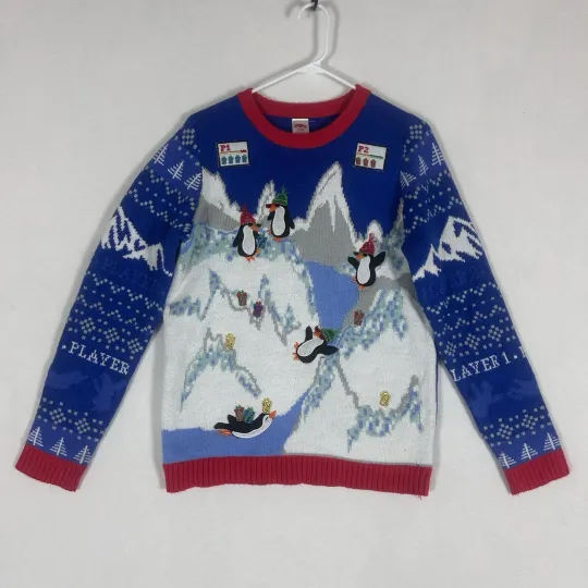 Ugly Christmas Sweater Penguins Print Juniors XL Blue Long Sleeve Holiday Cheers
