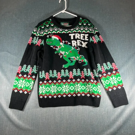 Discover Ugly Womens Christmas Sweater Size L Black Tree Rex Knit Long Sleeve Pullover