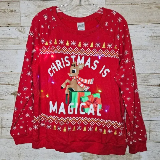 Ugly Christmas Sweater Rudolph LED Sweatshirt Size XL Holiday Light Up Party Red