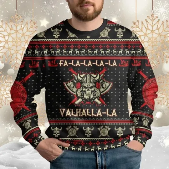Christmas Skull Viking Ugly Sweater, Viking Fa La La Teal Ugly Sweater Gift
