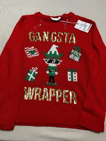 Belledu Jour Gangsta Wrapper Ugly Christmas Sweater Red Knit Elf Size Large
