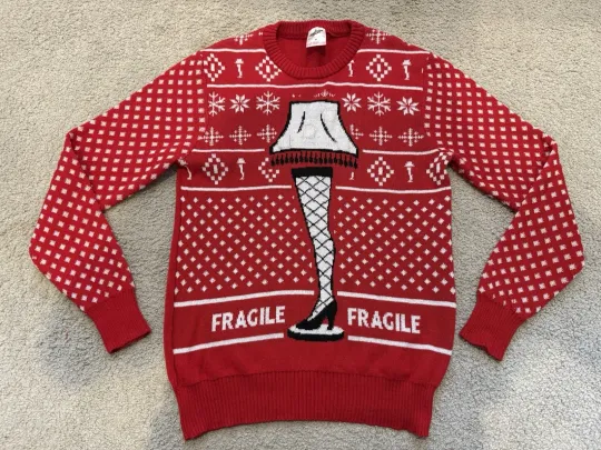 Vintage Ugly Christmas Sweater A Christmas Story Fragile Red Size MEDIUM Lights