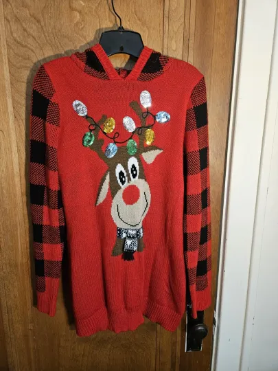 Discover Ugly Christmas Sweater Reindeer Long Pointy Checkered Hood L (11-13)