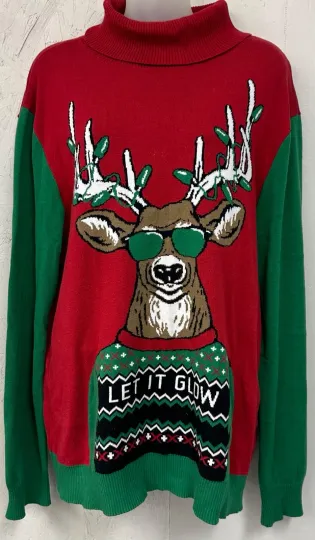 Ugly Christmas Sweater Sz. XL Let It Glow Reindeer Knit Long Sleeve Pullover