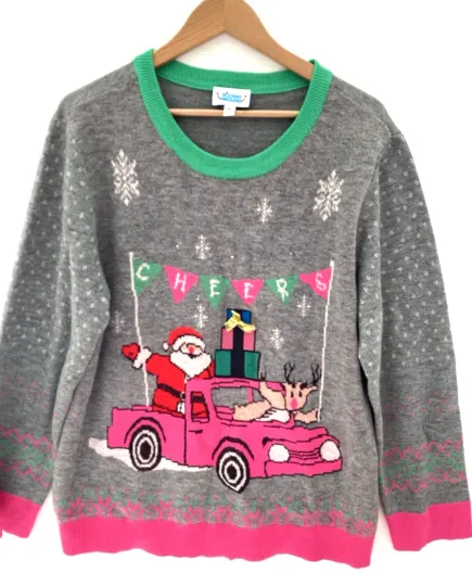 ROCKIN AROUND Gray/Pink Santa CHEERS Light Up Ugly Christmas Sweater Size XL