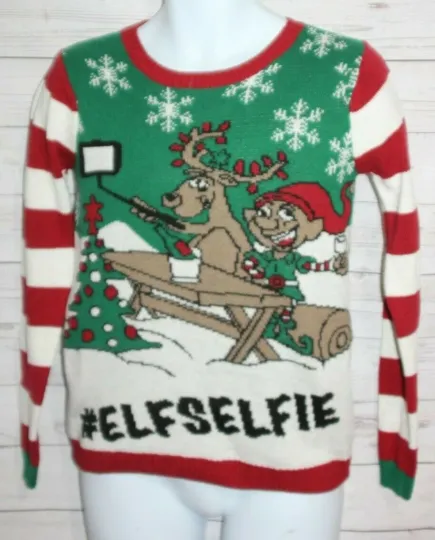 Ugly Christmas Sweater Company Elf Selfie Holiday Party Red Green Reindeer Small