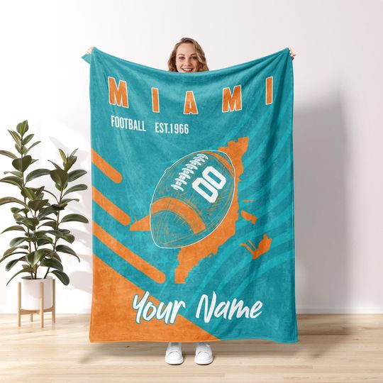 Miami Football Personalized Blanket, Retro Miami Football Blanket, Miami Dolphin Football Blanket,Dolphin Football Fans Gift FB20
