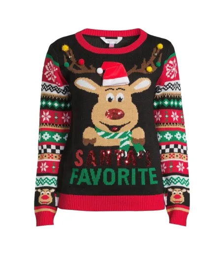 women's No Boundaries Juniors Christmas ugly Sweater, SANTA'S FAVORITE, XL