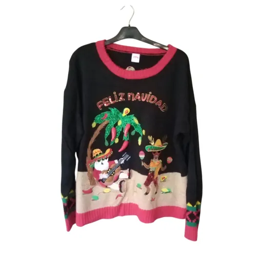 Holiday Time Women's Feliz Navidad Ugly Christmas Sweater Black Santa Chili