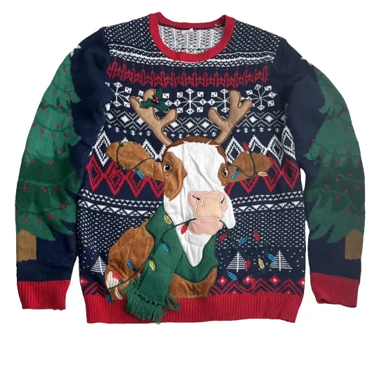 Holiday Time Reindeer Cow Ugly Christmas Sweater Womens M 38-40
