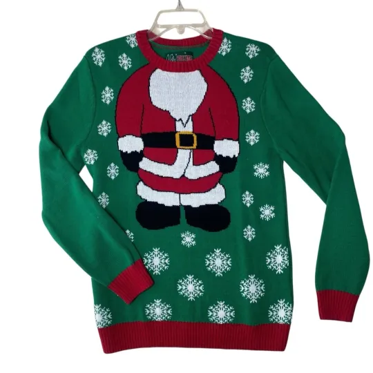 Ugly Christmas Sweater Size Medium Green Santa Snowflake Holiday Cotten Blend