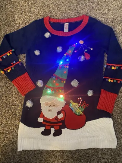 Discover Holiday Times Twinkling Light Up Santa Ugly Christmas Sweater Sz Small Black