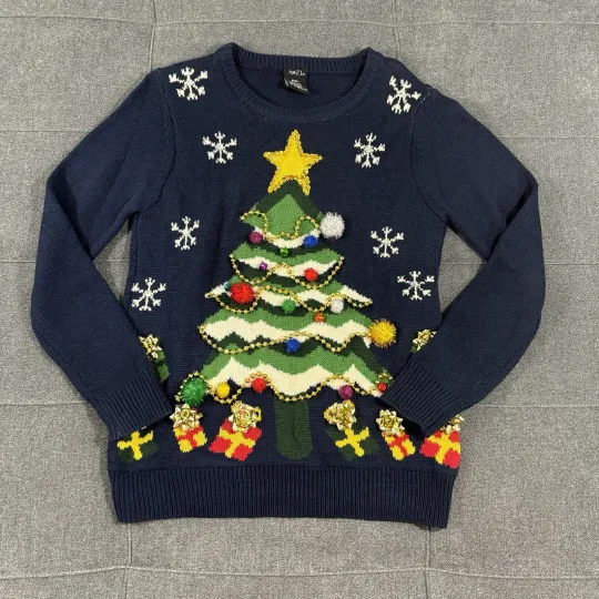 Rue 21 Christmas Sweater Womens Small Ugly Tree Bells Pom Poms