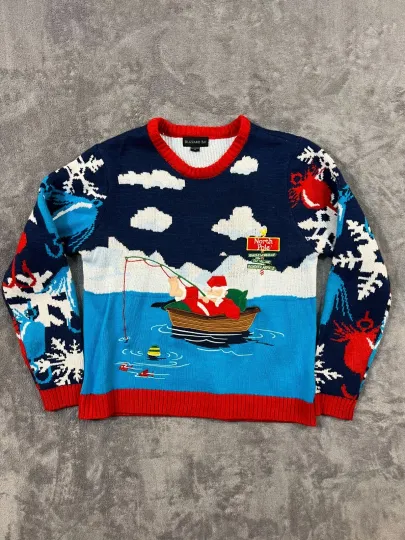 Discover Blizzard Bay Santa Claus Fishing Mens Christmas Sweater Size Medium Xmas Ugly