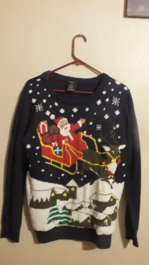 Discover RUE 21 Christmas Sweater Santa Sleigh Ugly Holiday Sweater Size Large