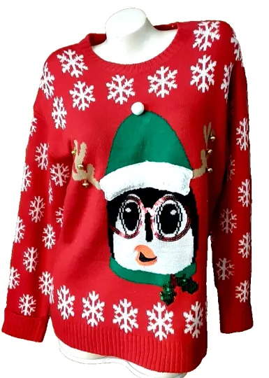 MerryWear Christmas UGLY Sweater Red Snowflakes Bells Animal With Hat Size L