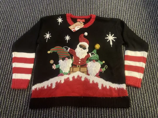 Discover Small Blizzard Bay Black Santa and His Gnomes Ugly Christmas Sweater