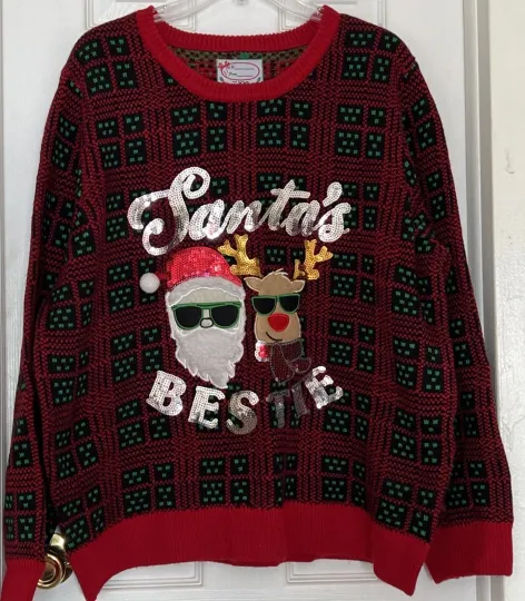 Discover Ugly Christmas Sweater Santa's Bestie Red & Green w/Sequins Womens XXL